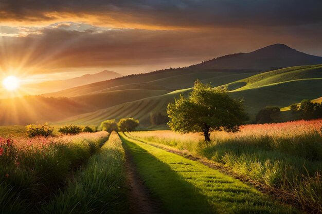 a sunset over a country road