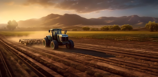 Sunset in the countryside Tractor on a large field creating beds to sow seeds into purified soil The agricultural vehicle Generative Ai