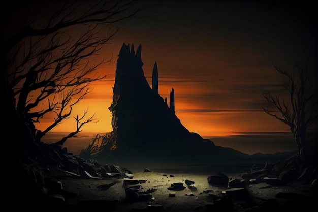 Sunset in dark horror fantasy landscape, Generative AI