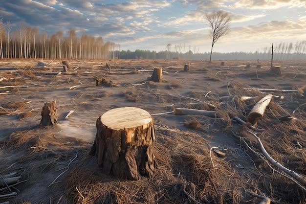 Sunset over a deforested area with remnants of cut trees