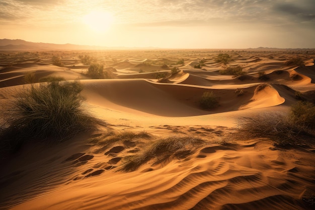 A sunset in the desert with a golden sky