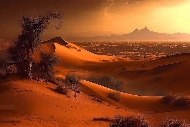 A sunset in the desert with a mountain in the background