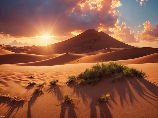 A sunset in the desert with a mountain in the background