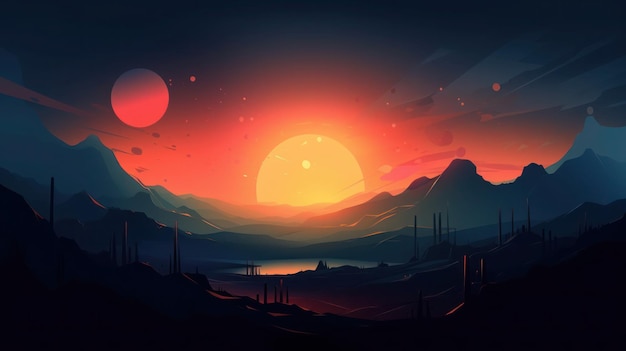 Sunset on the desert with mountains and sun