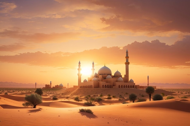 Photo sunset over desert with muslim mosque in the foreground