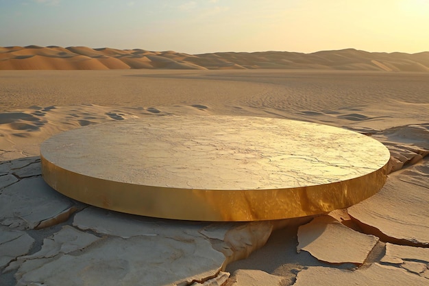 Foto il tramonto nel deserto con un podio d'oro rotondo