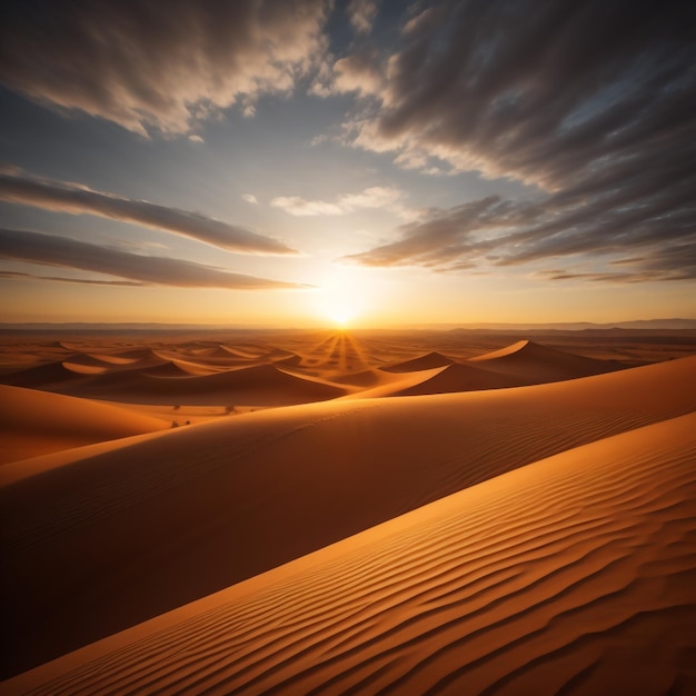 Foto un tramonto sul deserto con dune di sabbia e un cielo nuvoloso