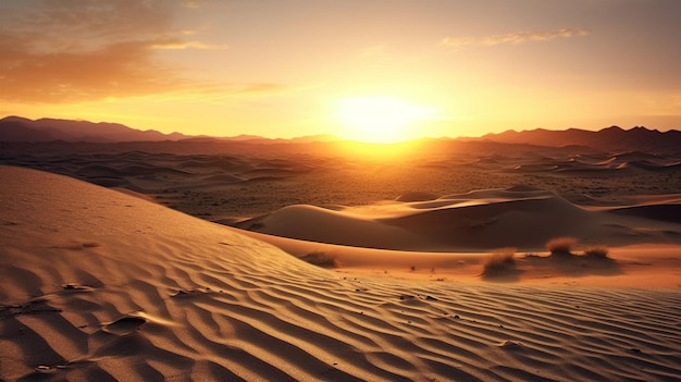 Закат над пустыней с песчаными дюнами и горами на заднем плане