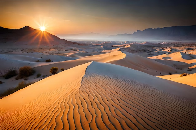 A sunset over the desert with sand dunes and the sun setting