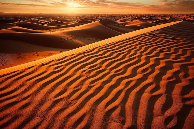 A sunset in the desert with sand dunes and a sunset.