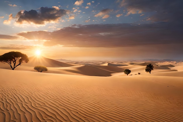 A sunset in the desert with the sun setting over the desert