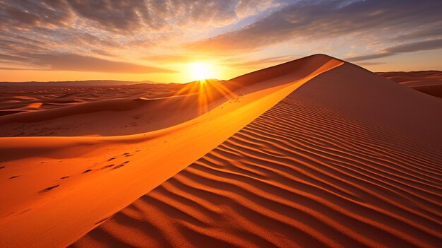 A sunset in the desert with the sun setting behind it