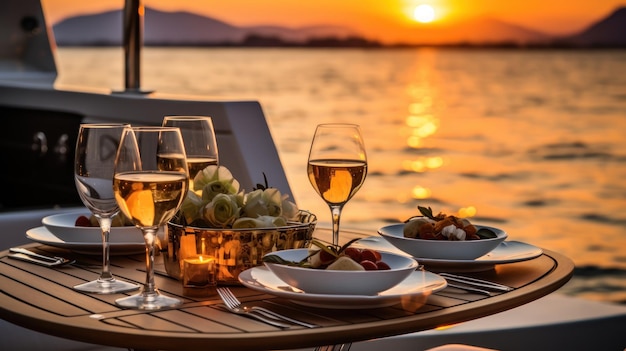 Sunset dinner setup on a luxurious yacht