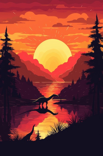 At sunset dinosaurs roamed the landscape Generative AI