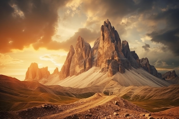 Sunset in the Dolomites Italy Panoramic view famous Italian National Park Tre Cime di Lavaredo Dolomites South Tyrol Auronzo AI Generated