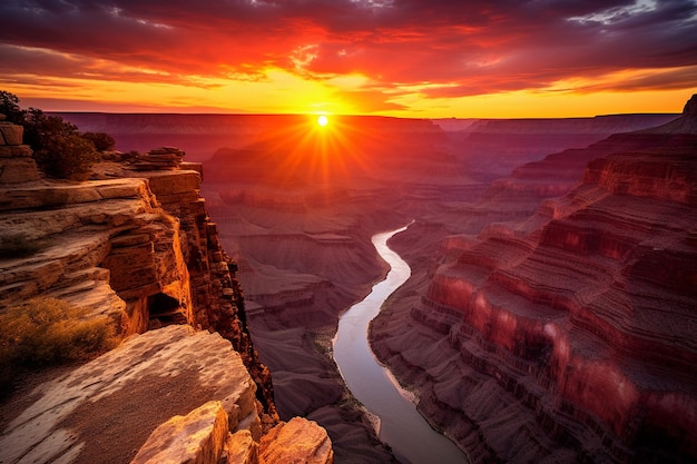 Sunset over a dramatic canyon landscape