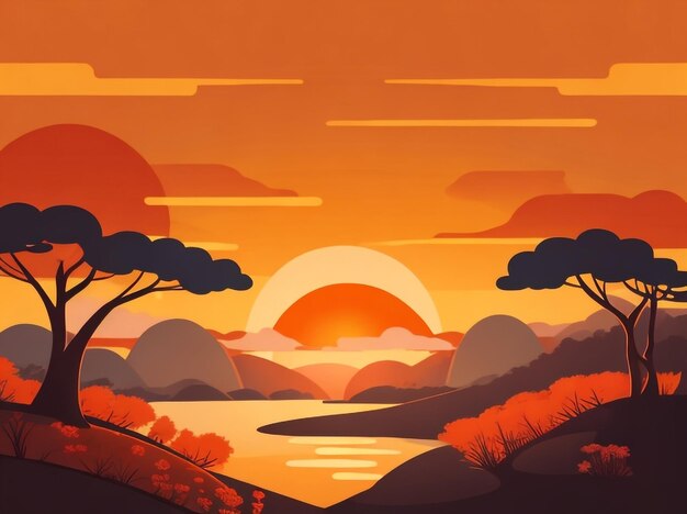 Sunset Dreams CartoonStyle Sun Setting Over an Idyllic Landscape