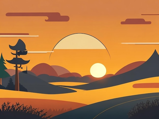 Sunset Dreams CartoonStyle Sun Setting Over an Idyllic Landscape