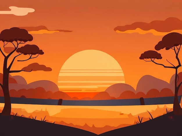 Sunset Dreams CartoonStyle Sunset Landscape Vector Illustrat