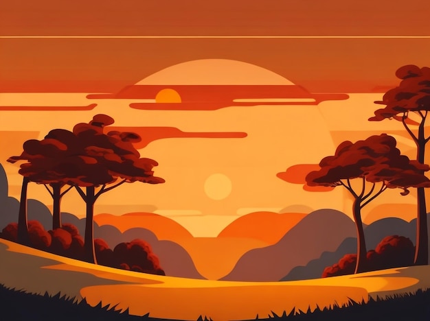 Sunset Dreams CartoonStyle Sunset Landscape Vector Illustrat