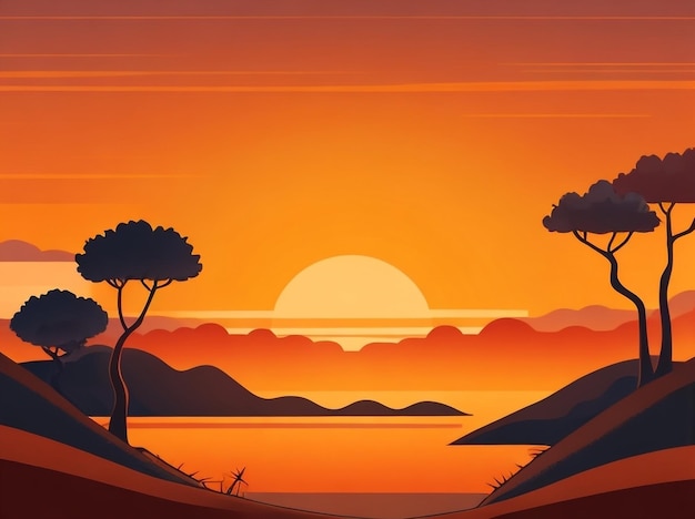 Sunset Dreams CartoonStyle Sunset Landscape Vector Illustrat