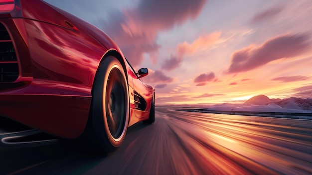 Photo sunset drive a highperformance red sports car driving at high speed on a highway with a beautiful sunset in the background creating a stunning display of light and motion