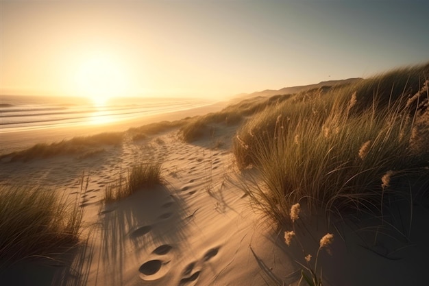 A sunset over the dunes on the beach