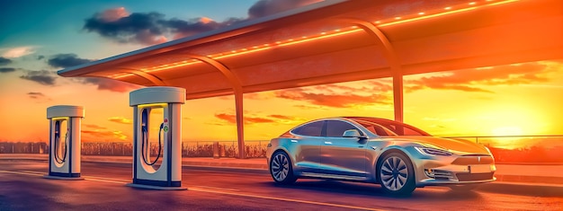 Auto elettrica al tramonto che ricarica banner di energia ecologica con spazio di copia realizzato con generative ai