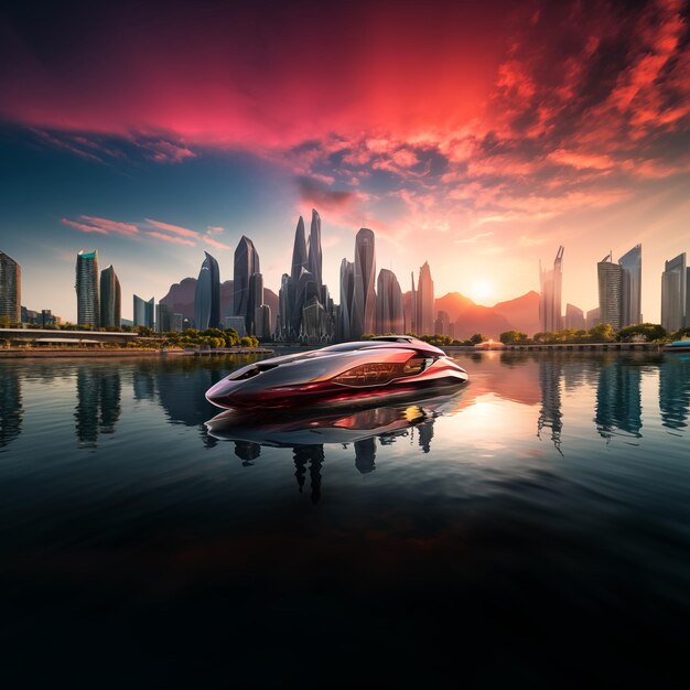 Фото Элегантность заката футуристический фантастический город у озера, запечатленный в пышных красных и изумрудных оттенках