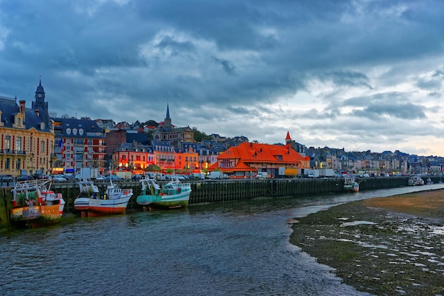 Sunset at the embankment of Touques river in Trouville-sur-Mer, or Trouville in Calvados department in Normandy region, France.