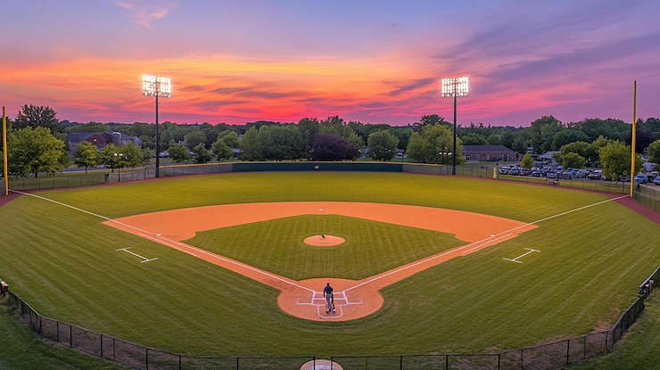 Photo sunset over empty baseball field