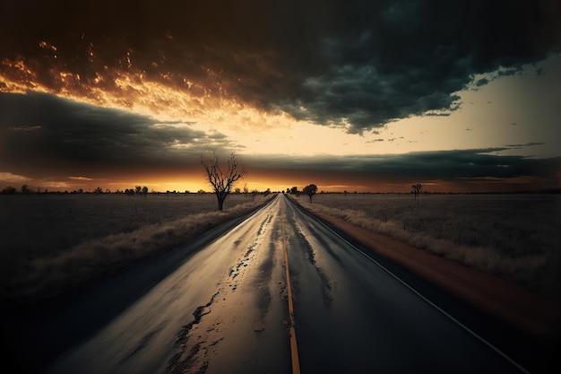 Sunset over empty road