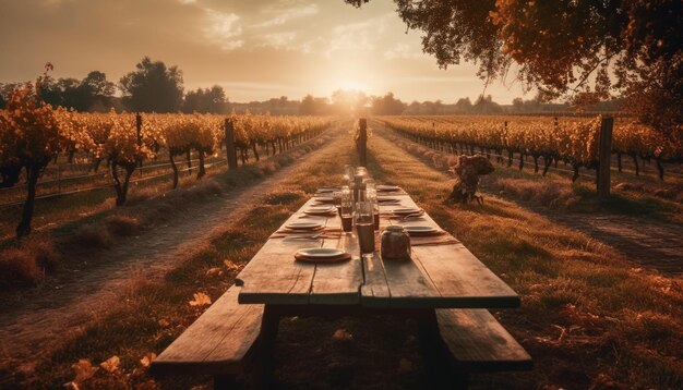 At sunset enjoy wine and food on rustic outdoor table generated by ai