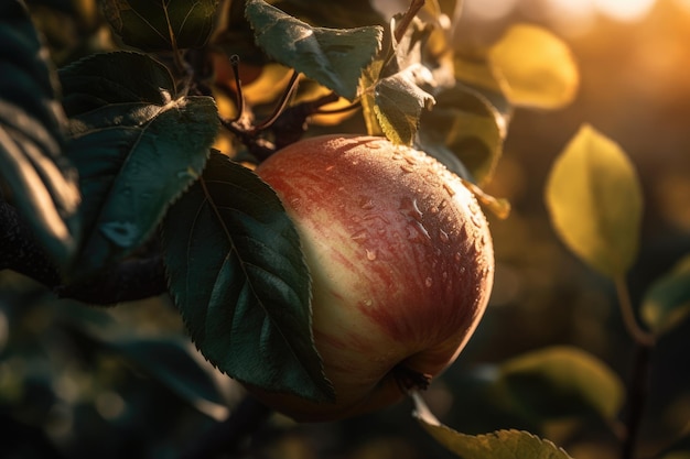 Sunset on the farm juicy apple under the apple tree generative IA