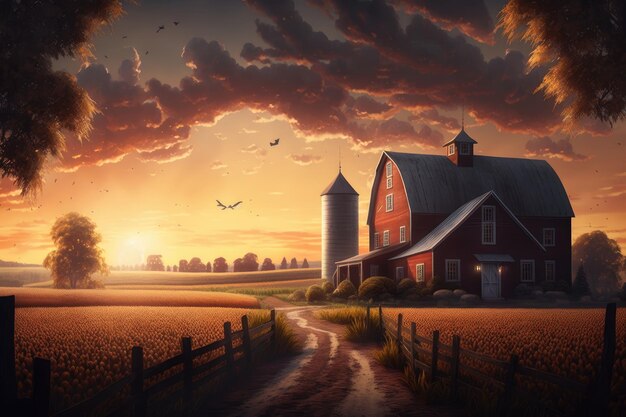 Sunset over farm with barn and crops in the foreground created with generative ai