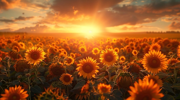 Photo sunset over a field of blooming sunflowers wallpaper