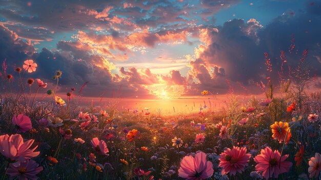 Photo sunset over a field of blooming wildflowers background