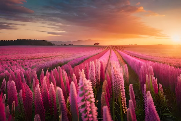 sunset over a field of flowers