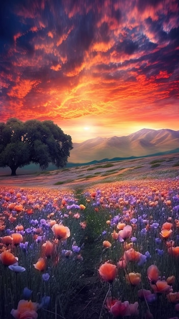 a sunset over a field of flowers.