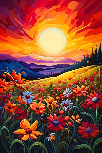 The sunset field of flowers