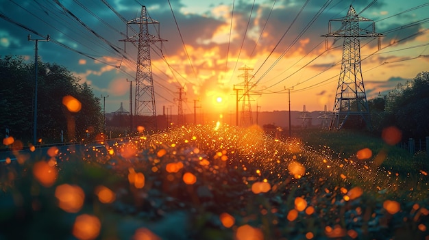 Foto un tramonto su un campo di erba e linee elettriche