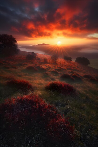 A sunset over a field of grass and trees