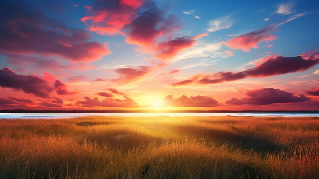 Photo a sunset over a field of grass