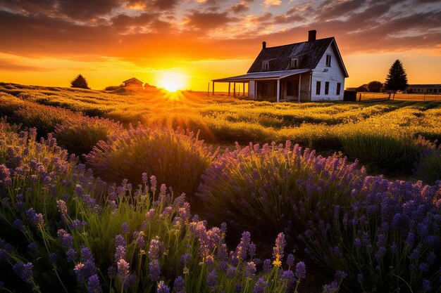 Sunset over a field of lavender with a farmhouse in the distance