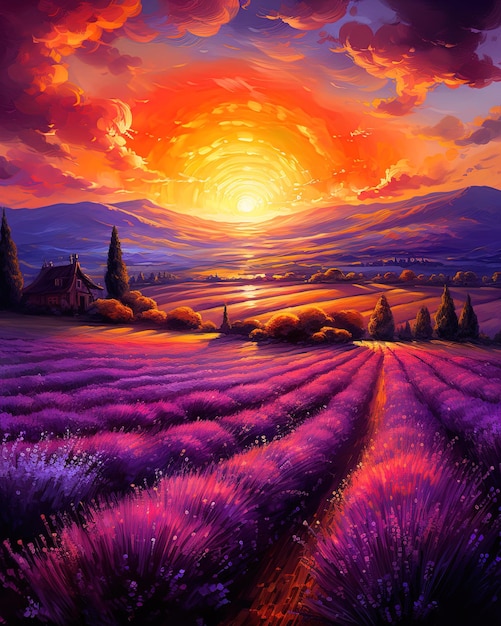 sunset over a field of lavender.