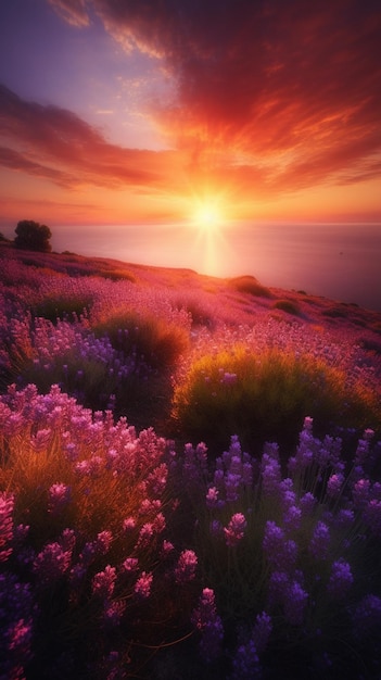 A sunset over a field of lavender