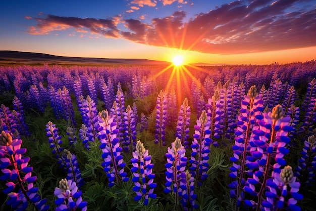 Sunset over a field of lupine or other colorful wildflowers