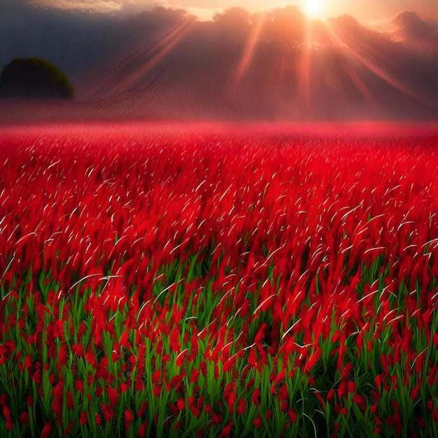 Photo sunset over a field of red poppies spring landscape