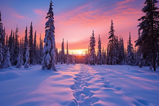 Sunset behind a field of snow covered trees