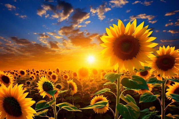 Foto il tramonto su un campo di girasoli